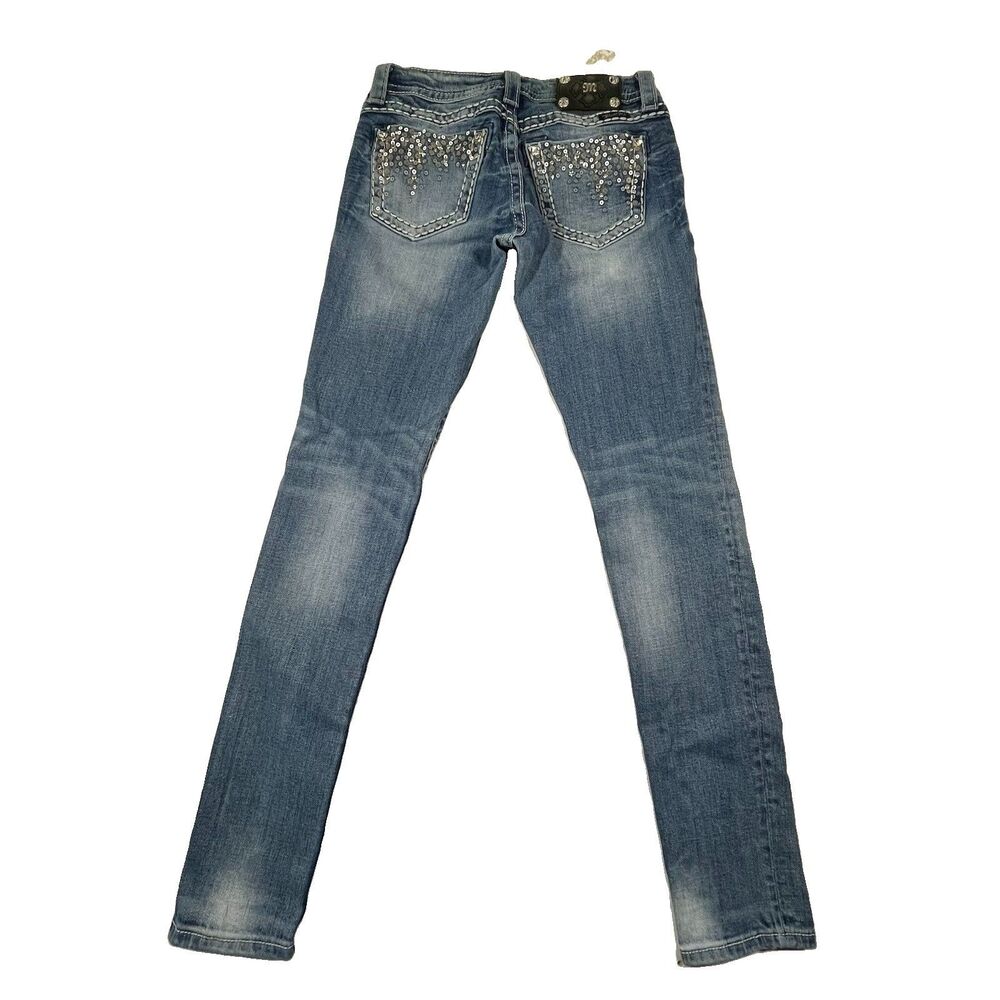 Miss Me Jeans 27x32 Skinny Blue Denim Sequins Rhinestones Embellished